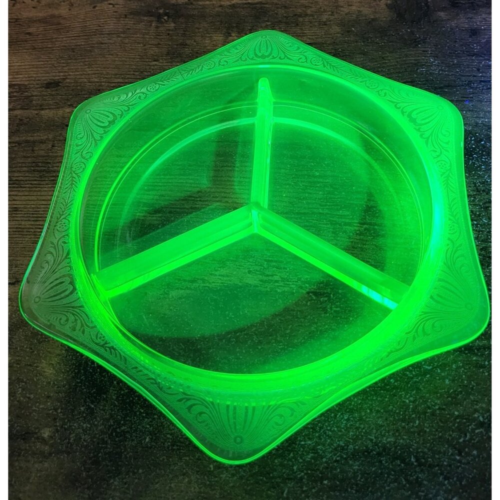 Green Uranium Glass Divided Relish Dish 6 Sided Etched Depression Glass